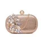 Pure Leather Embroidered Clutch In Gold