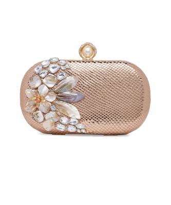 Pure Leather Embroidered Clutch In Gold 2