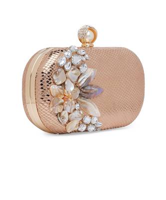 Pure Leather Embroidered Clutch In Gold 3