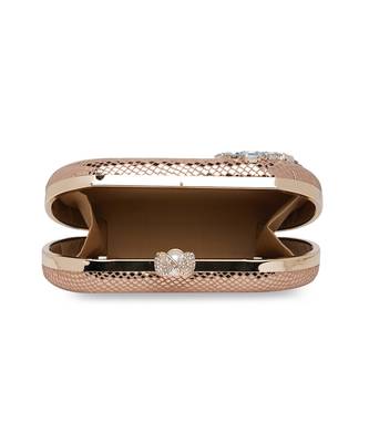 Pure Leather Embroidered Clutch In Gold 7