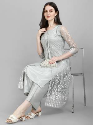 Women's Zari And Foil Printed Kurti And Pant With Ethnic Jacket (MAK39KOTI) 1