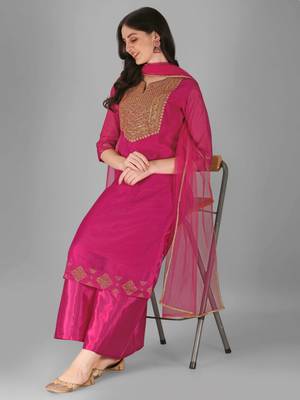 Women's Embroidered Sequine Work Kurta and Palaazo Set With Net Dupatta (MAK43SEQUIN) 1