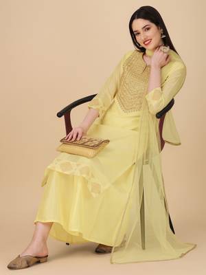 Women's Embroidered Chanderi Cotton Kurta And Palazzo Pant With Net Dupatta (MAK43SEQUIN) 1
