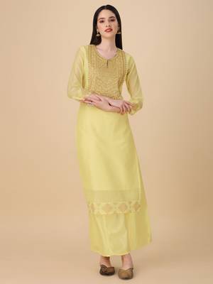 Women's Embroidered Chanderi Cotton Kurta And Palazzo Pant With Net Dupatta (MAK43SEQUIN) 3
