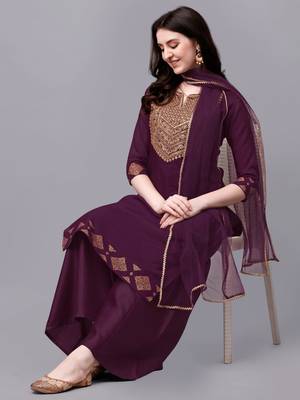 Women's Embroidered Chanderi Cotton Kurta And Palazzo Pant With Net Dupatta (MAK43SEQUIN) 1