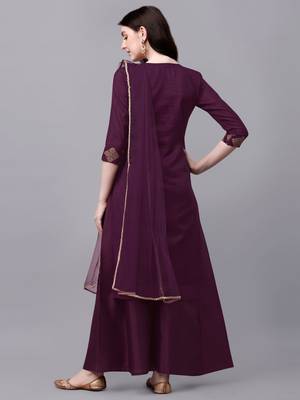 Women's Embroidered Chanderi Cotton Kurta And Palazzo Pant With Net Dupatta (MAK43SEQUIN) 2