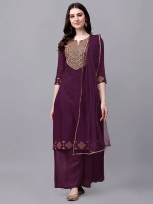 Women's Embroidered Chanderi Cotton Kurta And Palazzo Pant With Net Dupatta (MAK43SEQUIN) 3