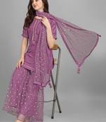 Women's Silk Blend Kurta And Palazzo Set With Embroidered Net Dupatta (MAK46SEQUINED)