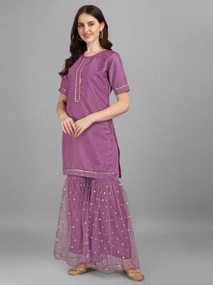 Women's Silk Blend Kurta And Palazzo Set With Embroidered Net Dupatta (MAK46SEQUINED) 3