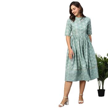 Women Green & Off-White Ethnic Motifs Printed Cotton A-Line Dress 1
