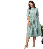 Women Green & Off-White Ethnic Motifs Printed Cotton A-Line Dress