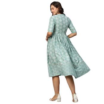 Women Green & Off-White Ethnic Motifs Printed Cotton A-Line Dress 2