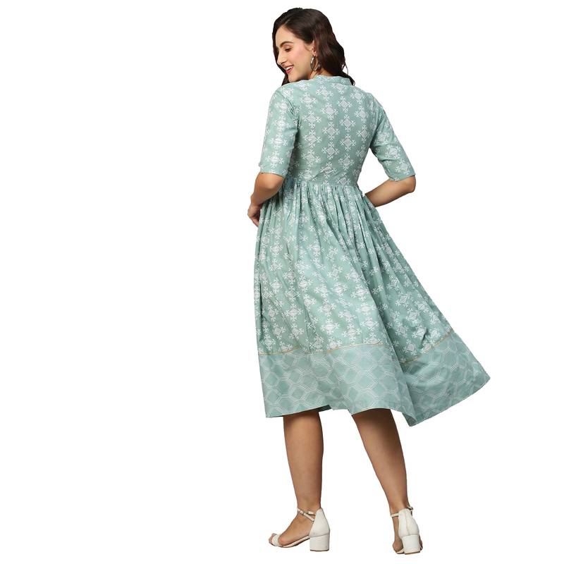 Women Green & Off-White Ethnic Motifs Printed Cotton A-Line Dress