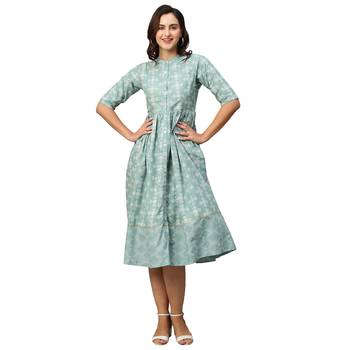 Women Green & Off-White Ethnic Motifs Printed Cotton A-Line Dress 3