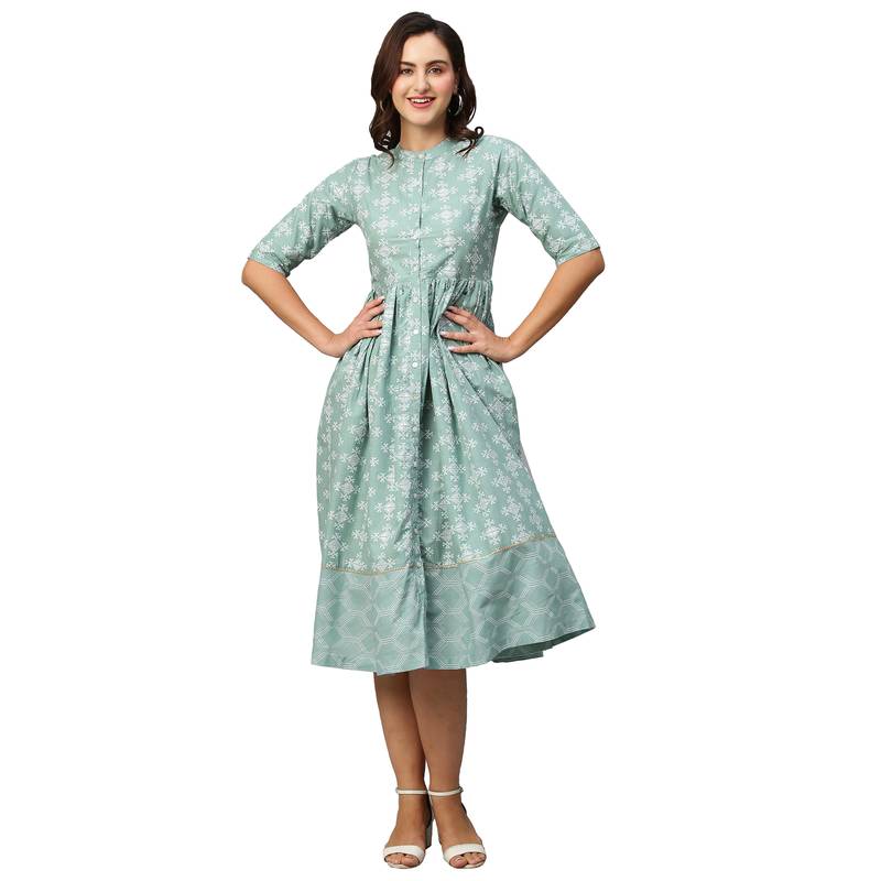 Women Green & Off-White Ethnic Motifs Printed Cotton A-Line Dress
