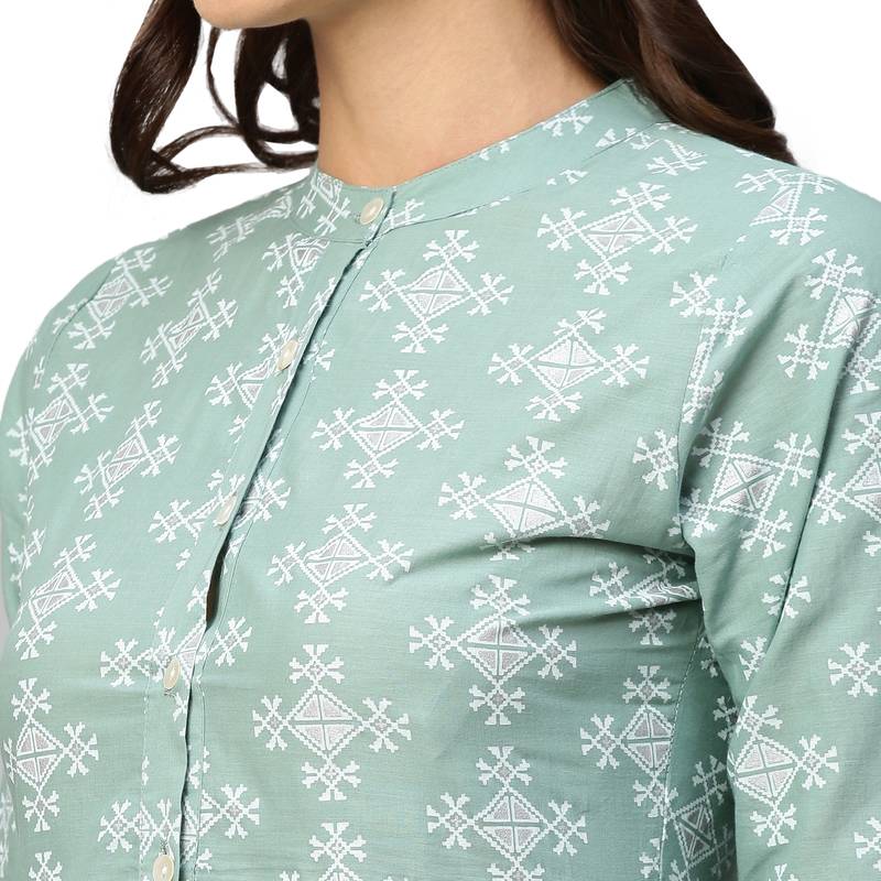 Women Green & Off-White Ethnic Motifs Printed Cotton A-Line Dress