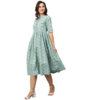 Women Green & Off-White Ethnic Motifs Printed Cotton A-Line Dress 5
