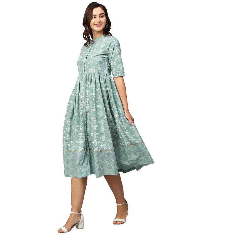 Women Green & Off-White Ethnic Motifs Printed Cotton A-Line Dress
