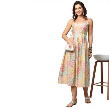 Women Beige Modal Chanderi Tie Dye Printed Dress 1