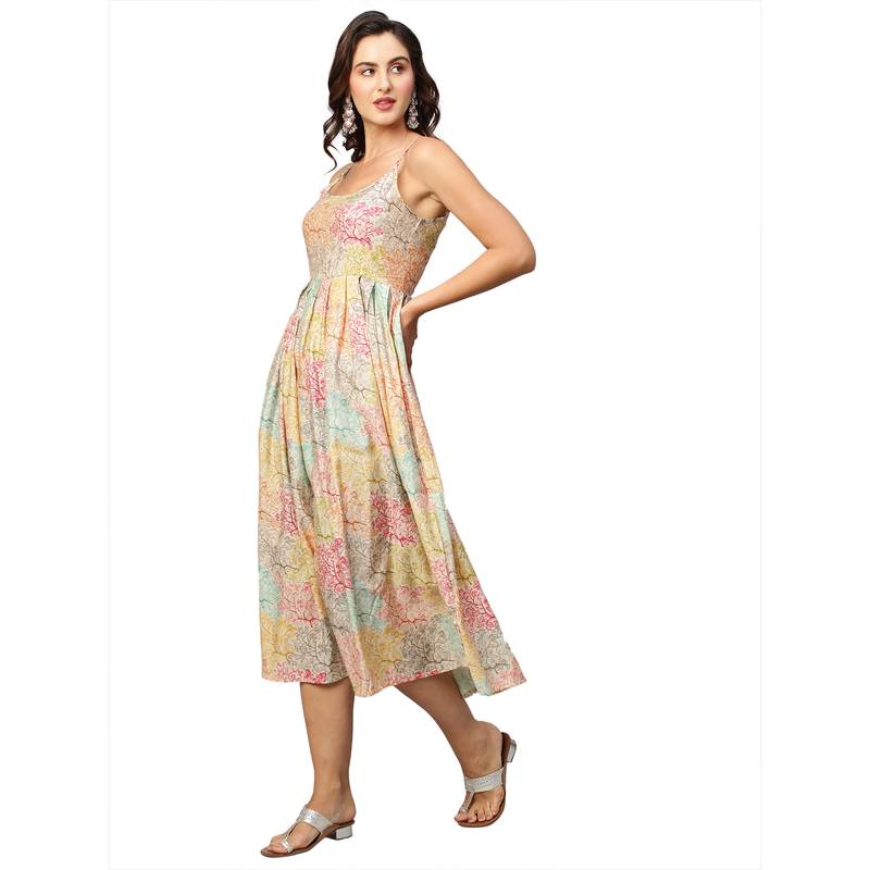 Women Beige Modal Chanderi Tie Dye Printed Dress