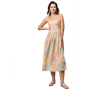 Women Beige Modal Chanderi Tie Dye Printed Dress 5