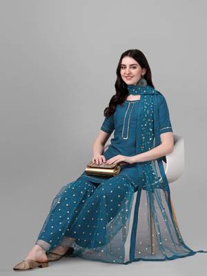 Women's Silk Blend Kurta And Palazzo Set With Embroidered Net Dupatta (MAK46SEQUINED) 1