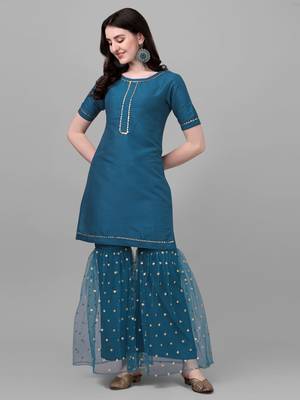 Women's Silk Blend Kurta And Palazzo Set With Embroidered Net Dupatta (MAK46SEQUINED) 3