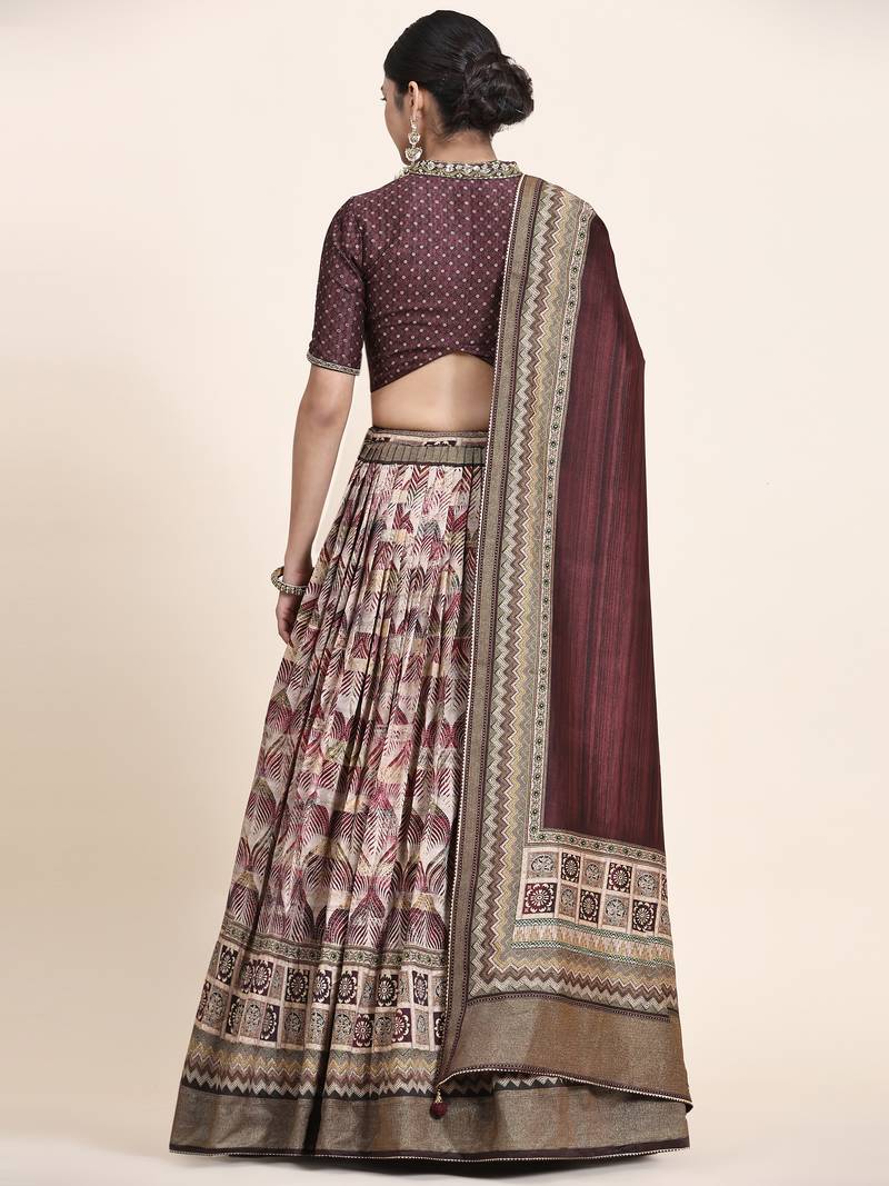 White&Orange Printed Silk Traditional Lehnga Choli with Blouse Free Size