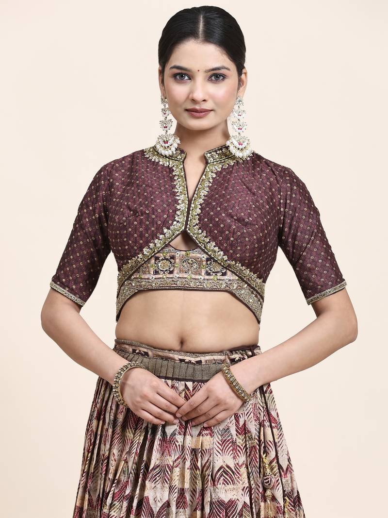 White&Orange Printed Silk Traditional Lehnga Choli with Blouse Free Size