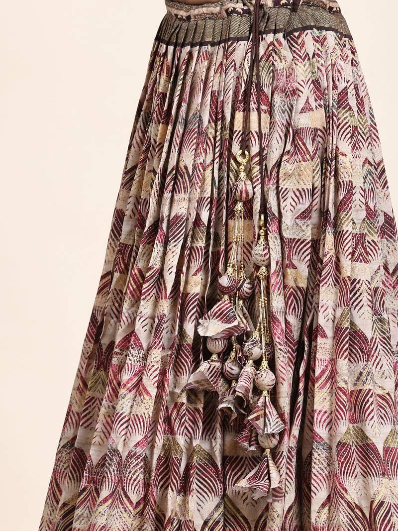 White&Orange Printed Silk Traditional Lehnga Choli with Blouse Free Size