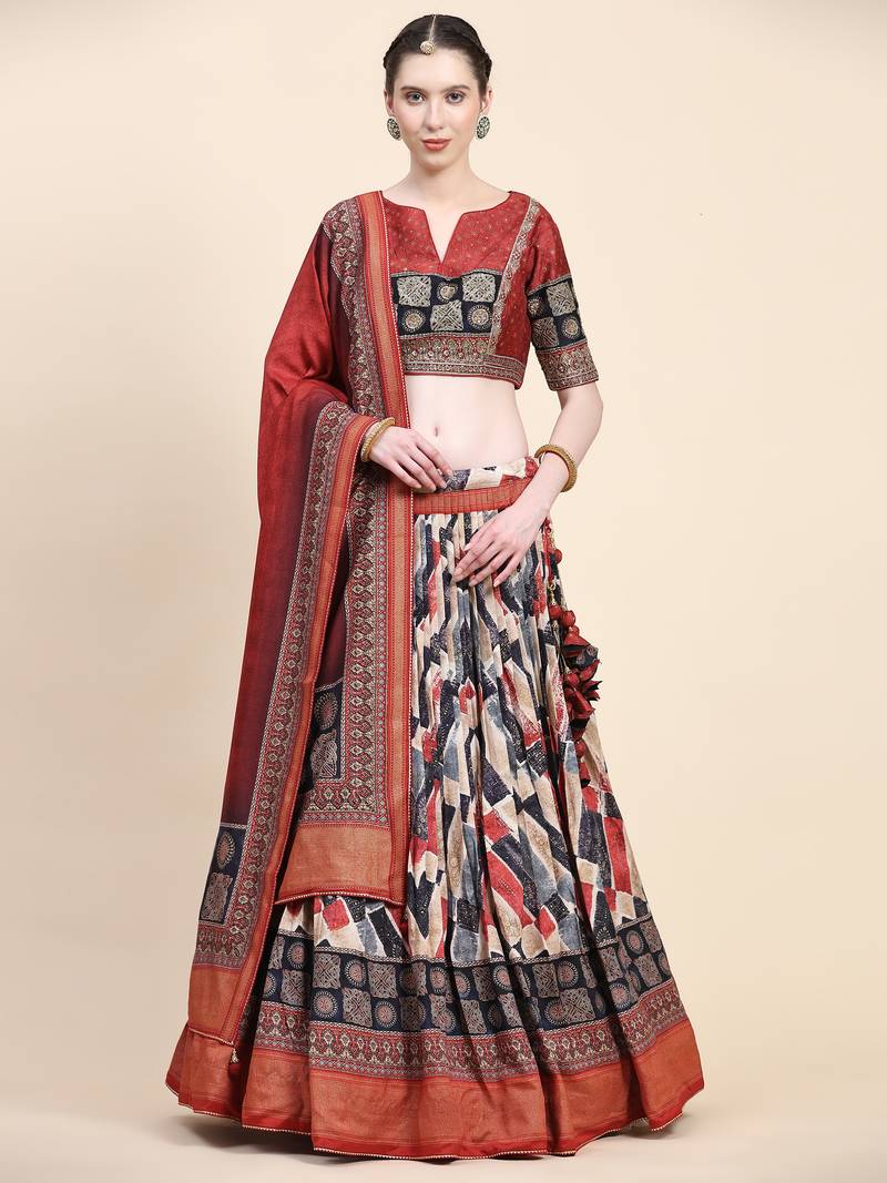 Maroon Printed Silk Traditional Lehnga Choli with Blouse Free Size