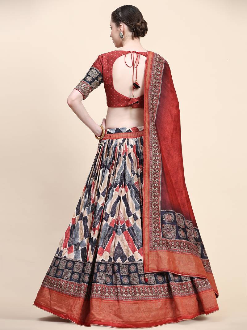 Maroon Printed Silk Traditional Lehnga Choli with Blouse Free Size