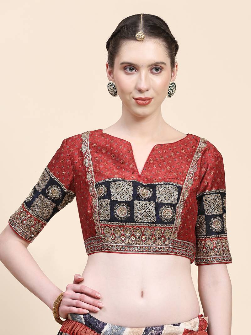 Maroon Printed Silk Traditional Lehnga Choli with Blouse Free Size