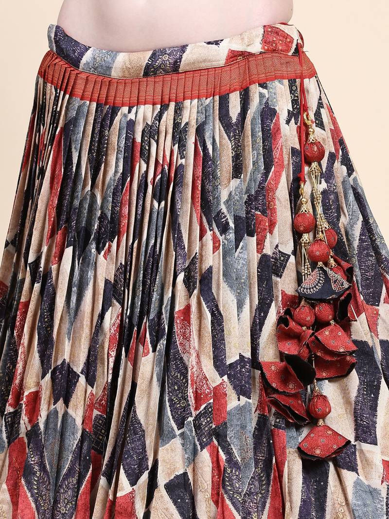 Maroon Printed Silk Traditional Lehnga Choli with Blouse Free Size