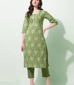 Olive Green, White Floral Jaipuri Print Cotton Embroidered Kurta