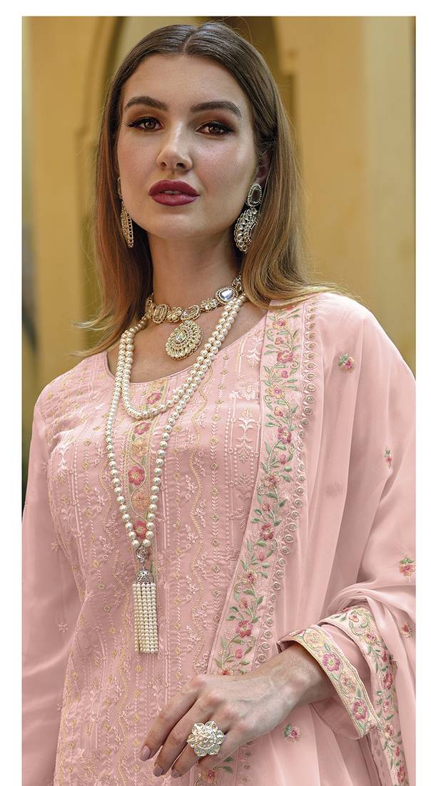 Peach Color chinnon Classic Embroidered suit Hirpara House