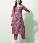 Wine, White Floral Jaipuri Print Cotton Embroidered Kurta