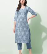 Grey, White Floral Jaipuri Print  Cotton Embroidered Kurta