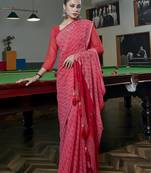 Red printed pure georgette saree with blouse