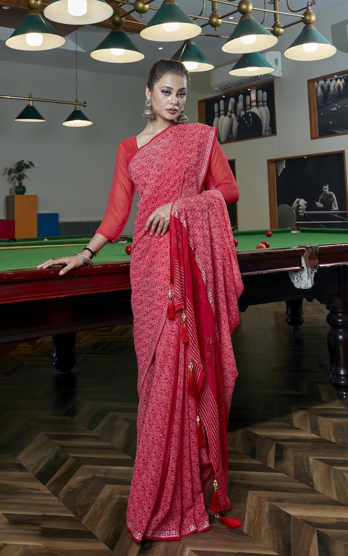 Red printed pure georgette saree with blouse
