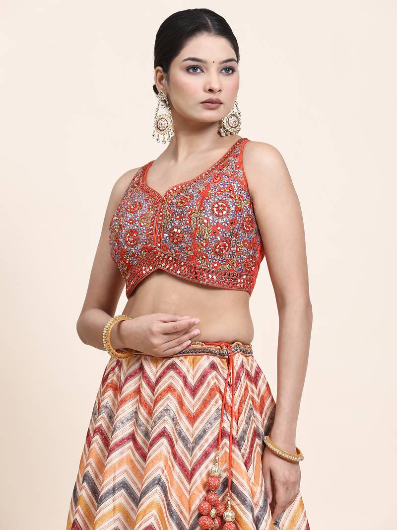 Multi Colour Embroidered Silk Traditional Lehnga Choli with Blouse Free Size