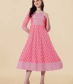 Coral, White Jaipuri Block Print Mirror Work Rayon Kurta