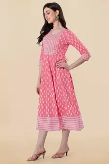 Coral, White Jaipuri Block Print Mirror Work Rayon Kurta