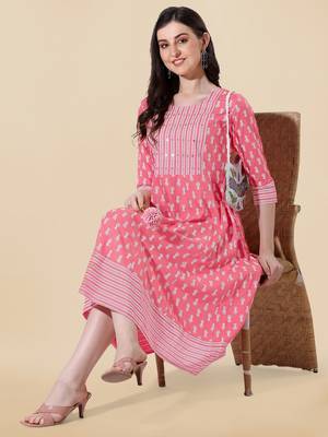 Coral, White Jaipuri Block Print Mirror Work Rayon Kurta 3