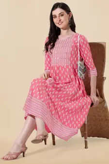 Coral, White Jaipuri Block Print Mirror Work Rayon Kurta