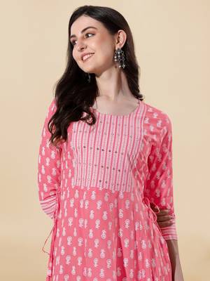 Coral, White Jaipuri Block Print Mirror Work Rayon Kurta 4