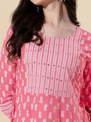 Coral, White Jaipuri Block Print Mirror Work Rayon Kurta 5