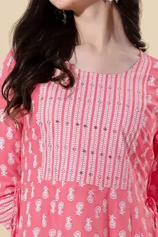 Coral, White Jaipuri Block Print Mirror Work Rayon Kurta