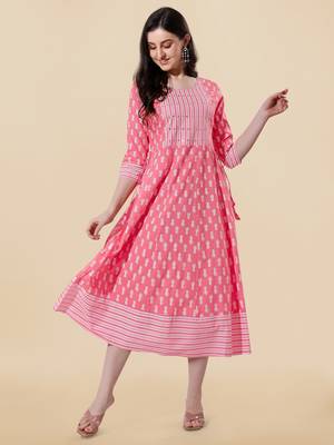 Coral, White Jaipuri Block Print Mirror Work Rayon Kurta 6