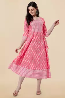 Coral, White Jaipuri Block Print Mirror Work Rayon Kurta
